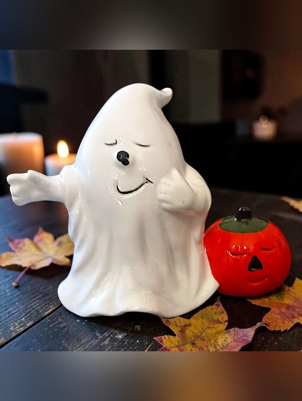 Vtg 80s Mini Ghost Pumpkin Figurine Ceramic Halloween Decor Diorama Vignette